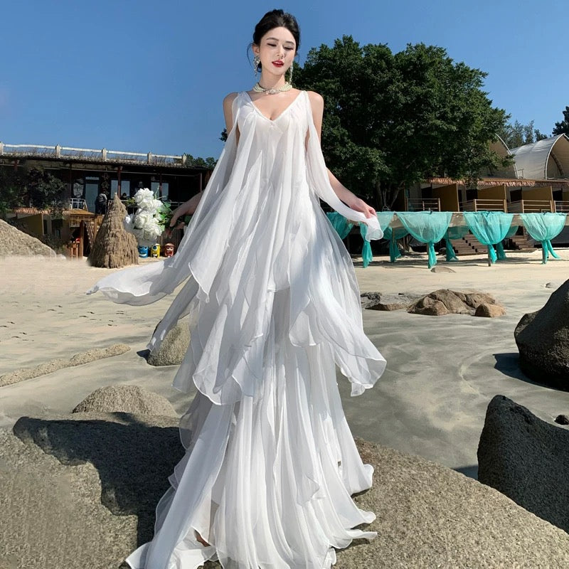 A-Linie V-Ausschnitt Chiffon Weiß Mit Rüschen Sommer 19. Geburtstag Elegantes Outfit Hochzeitsgastkleider N4073