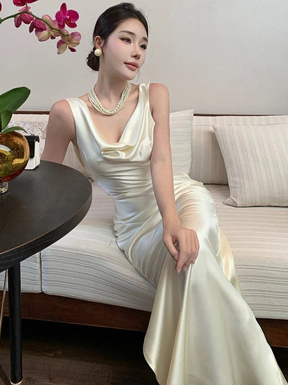 Mermaid Cowl Neck Satin Prom Dress 21st Birthday Elegant Outfit Summer Wedding Guest Dresses N4074