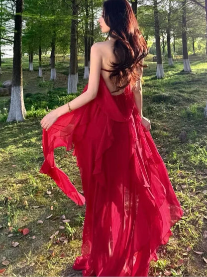 Sexy A line Sweetheart Red Chiffon Prom Dress 21st Birthday Elegant Outfit Summer Wedding Guest Dresses N4075