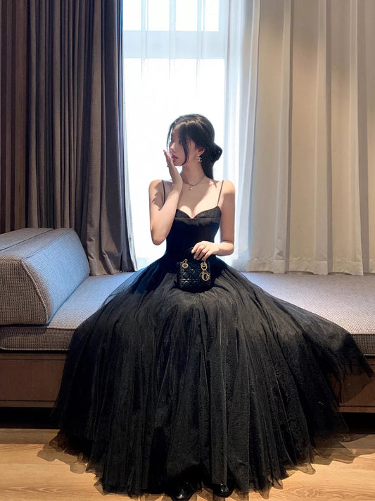 A line Spaghetti Strap Black Tie Tulle Summer 19th Birthday Elegant Outfit Wedding Guest Dresses N4076