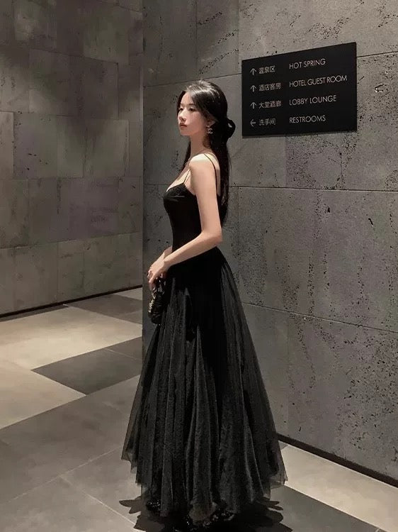 A line Spaghetti Strap Black Tie Tulle Summer 19th Birthday Elegant Outfit Wedding Guest Dresses N4076