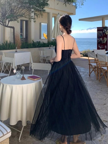 A line Spaghetti Strap Black Tie Tulle Summer 19th Birthday Elegant Outfit Wedding Guest Dresses N4076