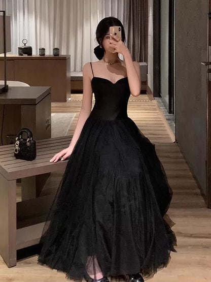 A line Spaghetti Strap Black Tie Tulle Summer 19th Birthday Elegant Outfit Wedding Guest Dresses N4076