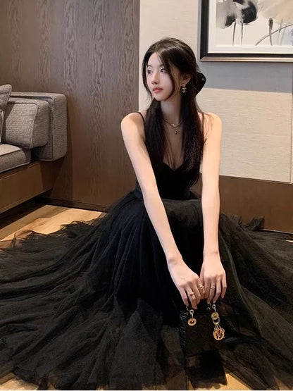 A line Spaghetti Strap Black Tie Tulle Summer 19th Birthday Elegant Outfit Wedding Guest Dresses N4076