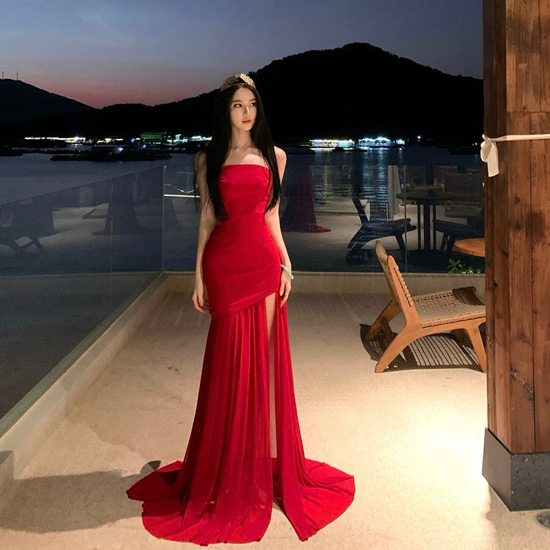 Sexy Meerjungfrau Trägerlos Roter Chiffon Schlitz 21. Geburtstag Elegantes Outfit Sommer Hochzeitsgast Kleider N4077