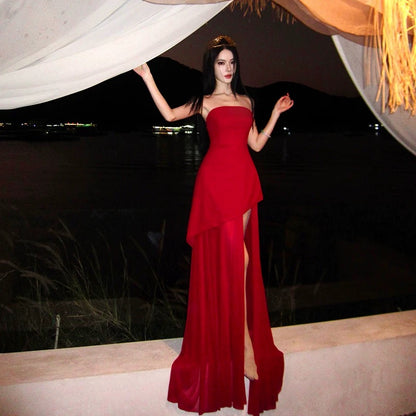 Sexy Meerjungfrau Trägerlos Roter Chiffon Schlitz 21. Geburtstag Elegantes Outfit Sommer Hochzeitsgast Kleider N4077