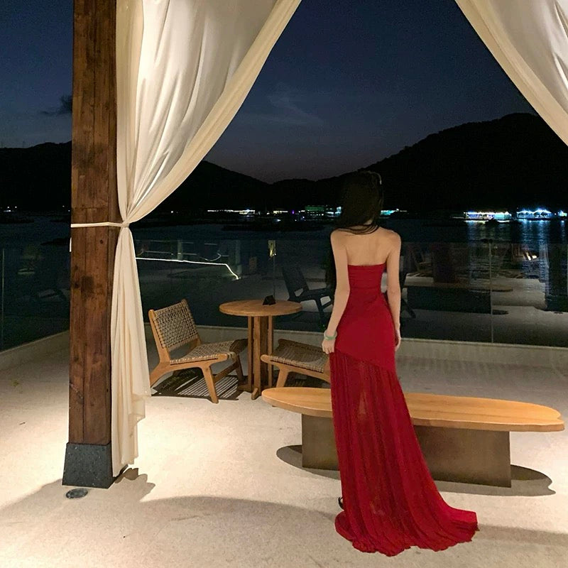 Sexy Meerjungfrau Trägerlos Roter Chiffon Schlitz 21. Geburtstag Elegantes Outfit Sommer Hochzeitsgast Kleider N4077