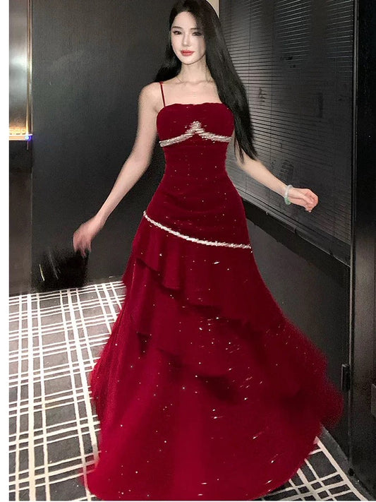 Charming Mermaid Spaghetti Strap Burgundy Velvet Summer 19th Birthday Elegant Outfit Wedding Guest Dresses N4078