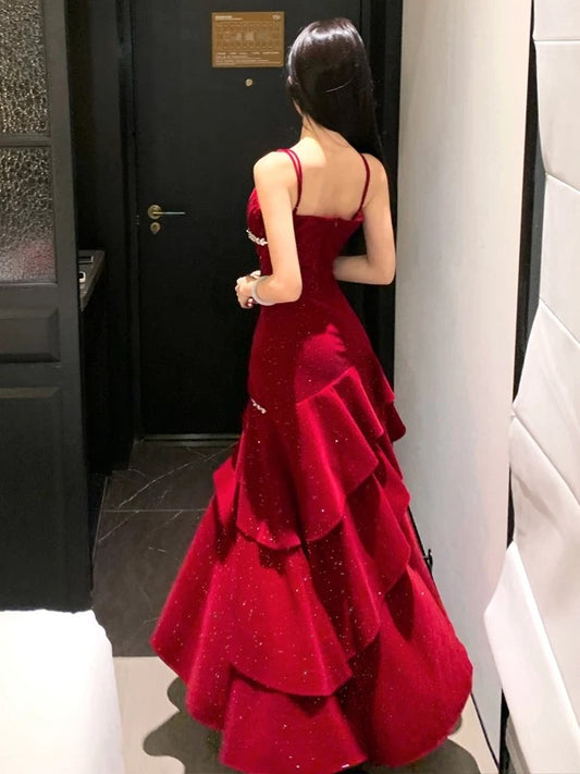Charming Mermaid Spaghetti Strap Burgundy Velvet Summer 19th Birthday Elegant Outfit Wedding Guest Dresses N4078