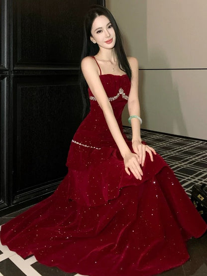 Charming Mermaid Spaghetti Strap Burgundy Velvet Summer 19th Birthday Elegant Outfit Wedding Guest Dresses N4078