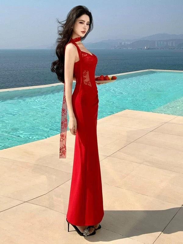 Charming Mermaid Spaghetti Strap Red Lace Summer 19th Birthday Elegant Outfit Wedding Guest Dresses N4081