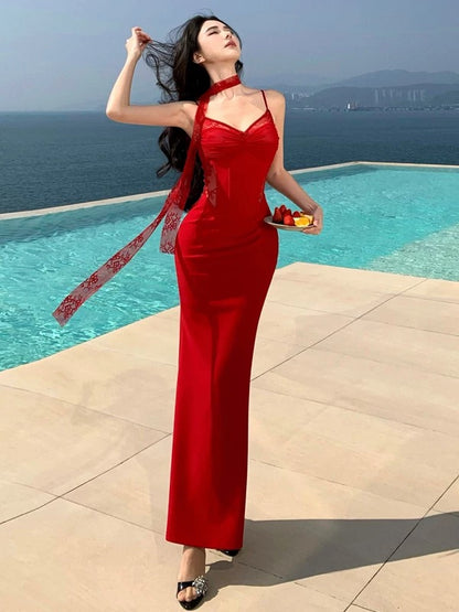 Charming Mermaid Spaghetti Strap Red Lace Summer 19th Birthday Elegant Outfit Wedding Guest Dresses N4081