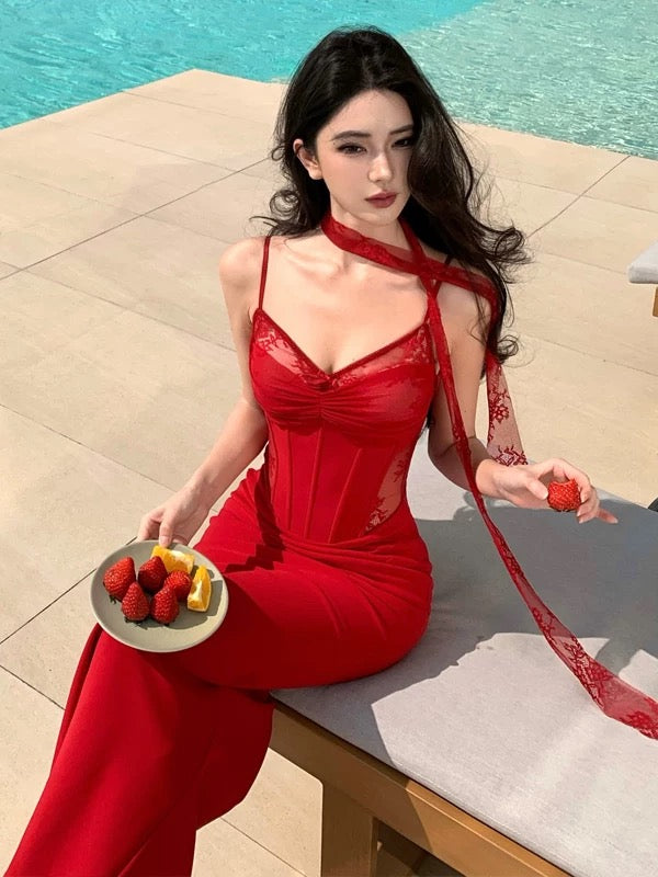 Charming Mermaid Spaghetti Strap Red Lace Summer 19th Birthday Elegant Outfit Wedding Guest Dresses N4081