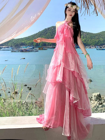 Sexy A line Halter Chiffon Pink 21st Birthday Elegant Outfit Summer Wedding Guest Dresses N4082