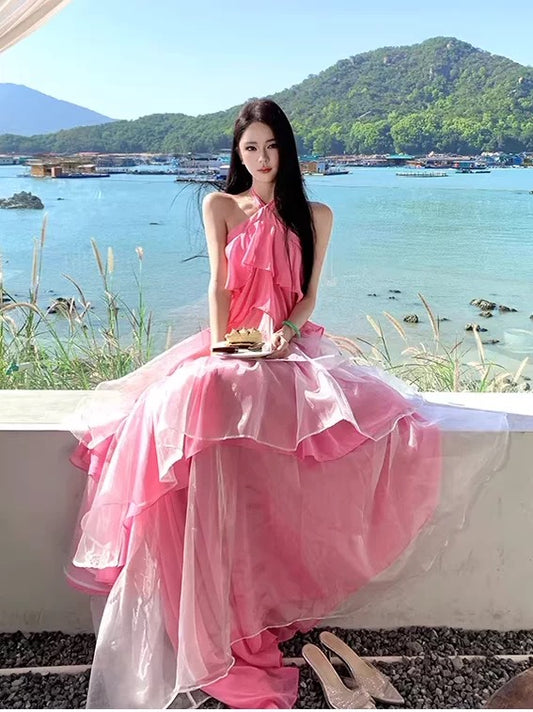 Sexy A line Halter Chiffon Pink 21st Birthday Elegant Outfit Summer Wedding Guest Dresses N4082