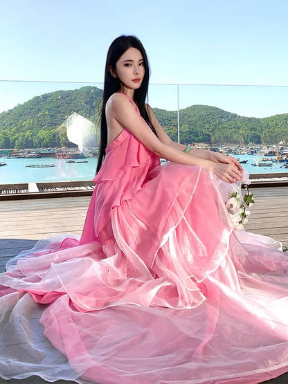Sexy A line Halter Chiffon Pink 21st Birthday Elegant Outfit Summer Wedding Guest Dresses N4082