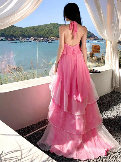 Sexy A line Halter Chiffon Pink 21st Birthday Elegant Outfit Summer Wedding Guest Dresses N4082