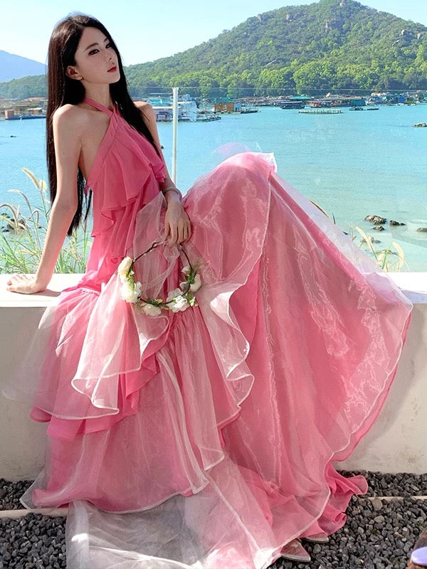 Sexy A line Halter Chiffon Pink 21st Birthday Elegant Outfit Summer Wedding Guest Dresses N4082