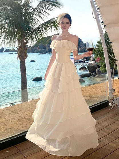 Sexy A line Strapless Ivory Chiffon 21st Birthday Elegant Outfit Summer Wedding Guest Dresses N4083