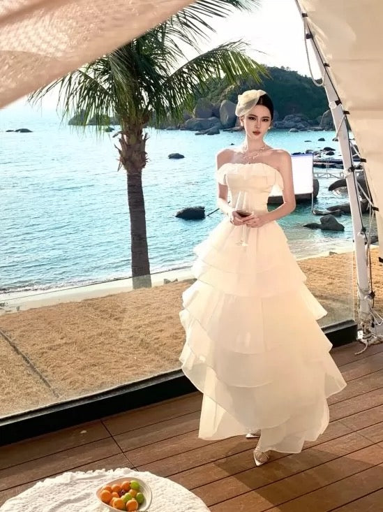 Sexy A line Strapless Ivory Chiffon 21st Birthday Elegant Outfit Summer Wedding Guest Dresses N4083
