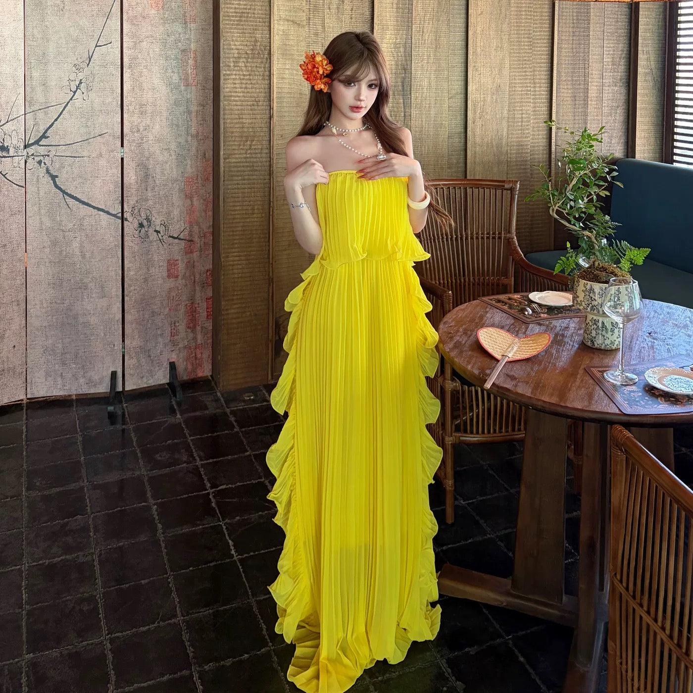 Sexy A line Strapless Yellow Chiffon 21st Birthday Elegant Outfit Summer Wedding Guest Dresses N4084