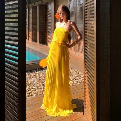 Sexy A line Strapless Yellow Chiffon 21st Birthday Elegant Outfit Summer Wedding Guest Dresses N4084