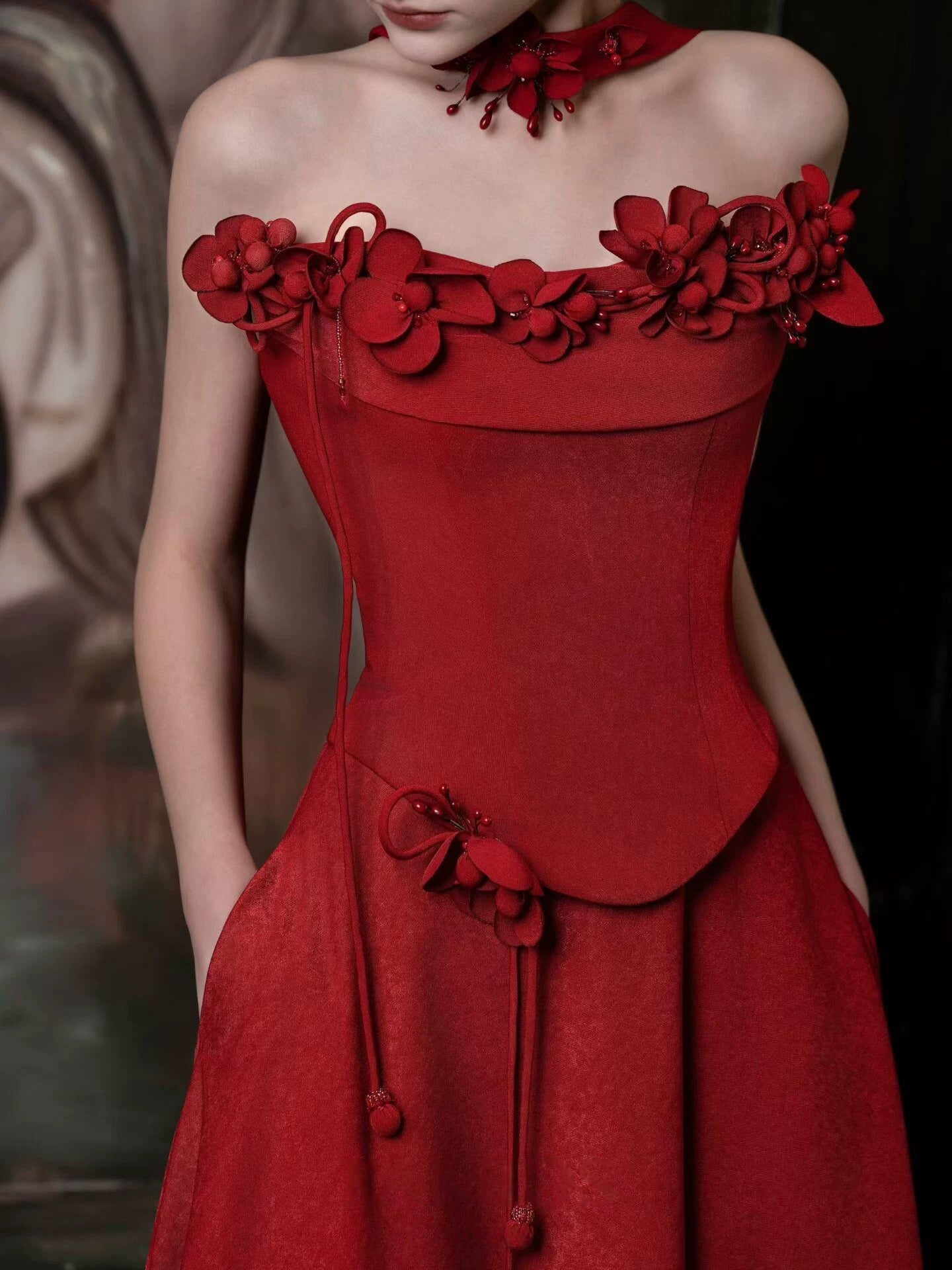 Unique Women's A Line Strapless Dark Red Satin Date Night Outfits Outdoor Semi Formal Wedding Guest Dresses RB5259
