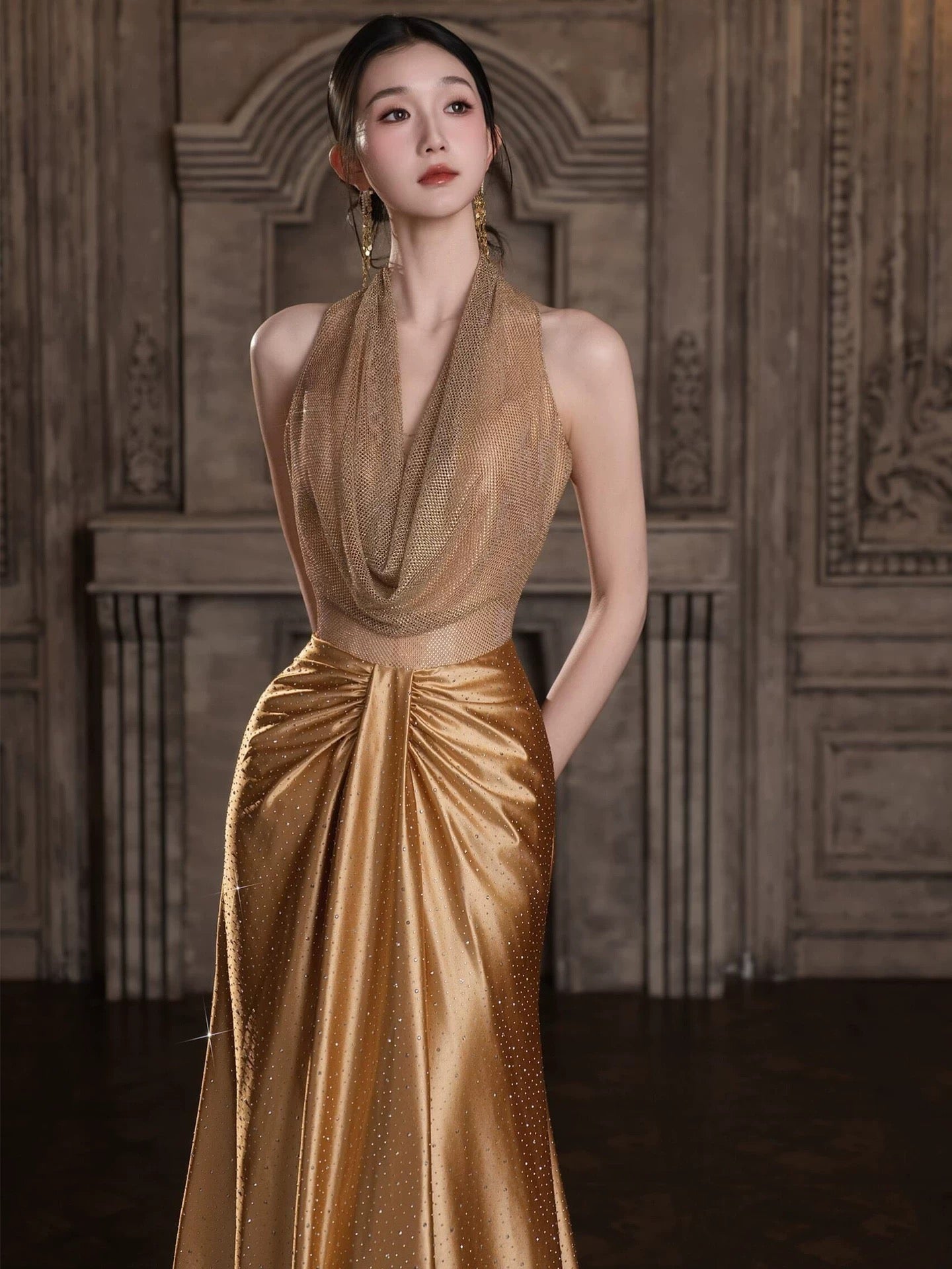 Sparkly Mermaid Halter Sleeveless With Beading Long Prom Evening Dresses Inspo Party Outfits RB5221