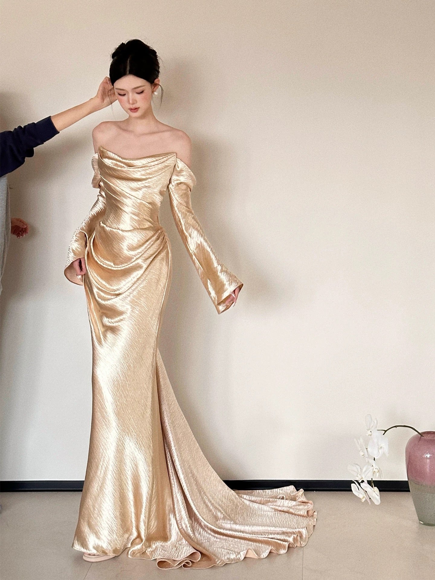 Simple Mermaid Strapless With Long Sleeves Long Prom Evening Dresses Inspo Party Outfits RB5222