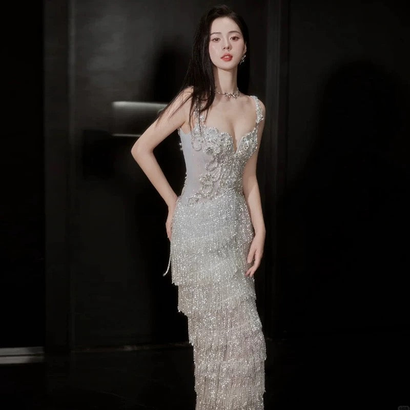 Beautiful Women's A Line Sweetheart Silver Sequin Maxi Dress Date Night Evening Outfit Semi Formal Prom Dresses RB5223