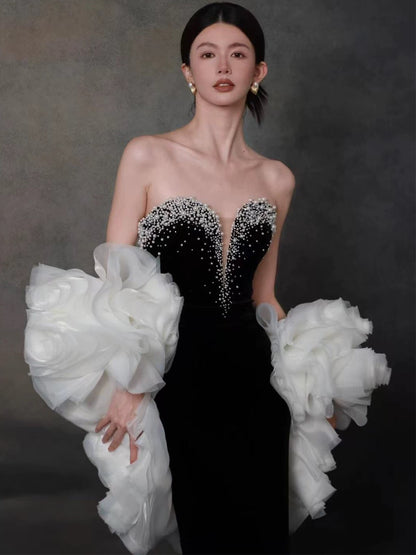 Modest Mermaid Sweetheart Black Tie Dress With Beaded Top Long Prom Evening Dresses Inspo Party Outfits RB5239