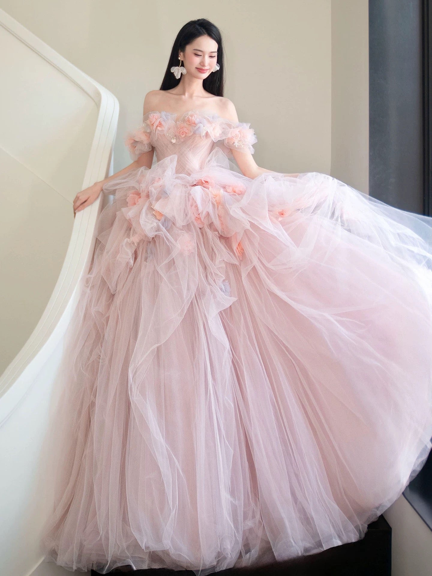 Cute Prom Dress Ball Gown Off The Shoulder Tulle Pink With Flowers Floor Length Quinceanera Dresses Party Formal Outfits RB5226
