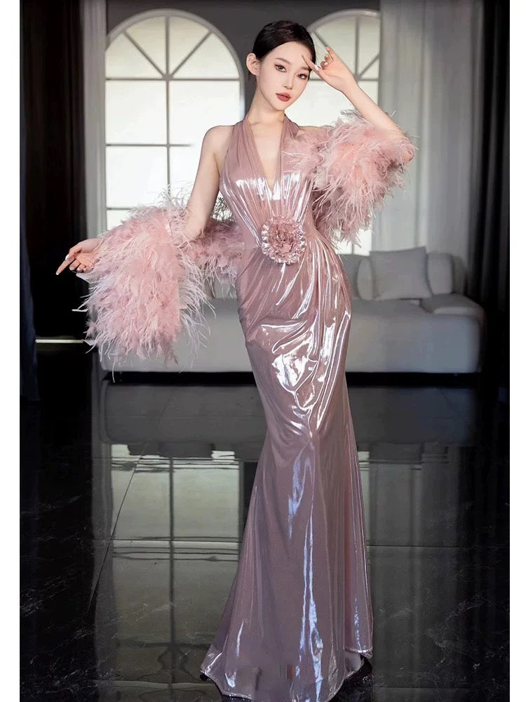 Modest Women's Mermaid Halter Pink Maxi Dress Date Night Evening Outfit Semi Formal Prom Dresses RB5224