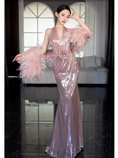 Modest Women's Mermaid Halter Pink Maxi Dress Date Night Evening Outfit Semi Formal Prom Dresses RB5224