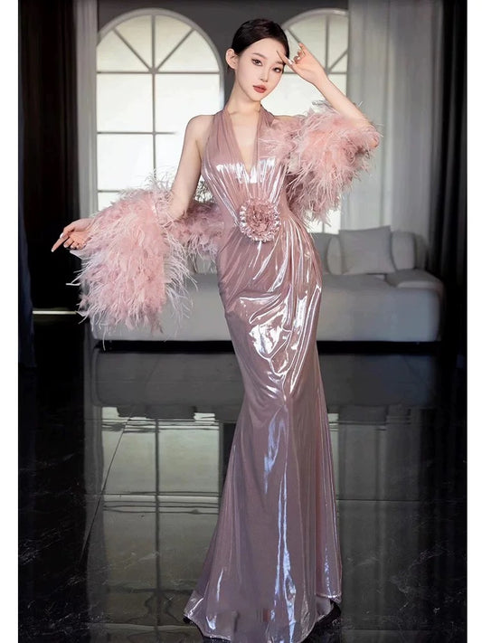 Modest Women's Mermaid Halter Pink Maxi Dress Date Night Evening Outfit Semi Formal Prom Dresses RB5224
