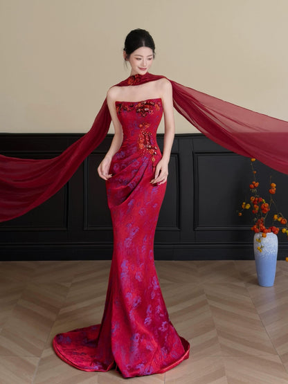 Beautiful Women's Mermaid Strapless Fuchsia Pink Satin Maxi Dress Date Night Evening Outfit Semi Formal Prom Dresses RB5217