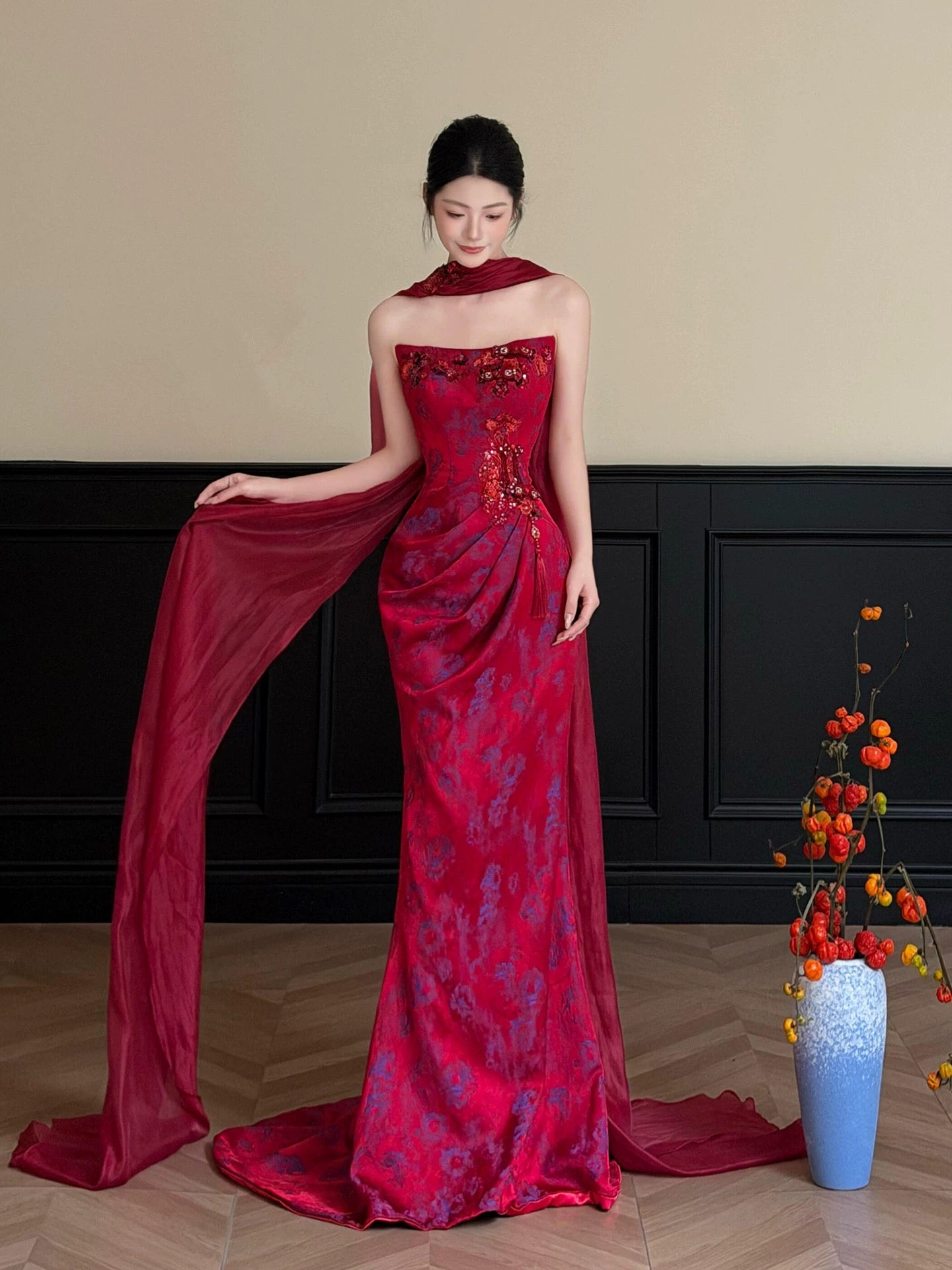 Beautiful Women's Mermaid Strapless Fuchsia Pink Satin Maxi Dress Date Night Evening Outfit Semi Formal Prom Dresses RB5217
