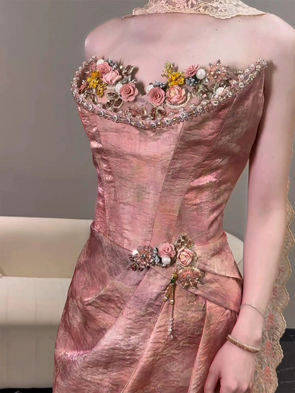 Pretty Women's Mermaid Strapless Pink Satin Maxi Dress Date Night Evening Outfit Semi Formal Prom Dresses RB5228