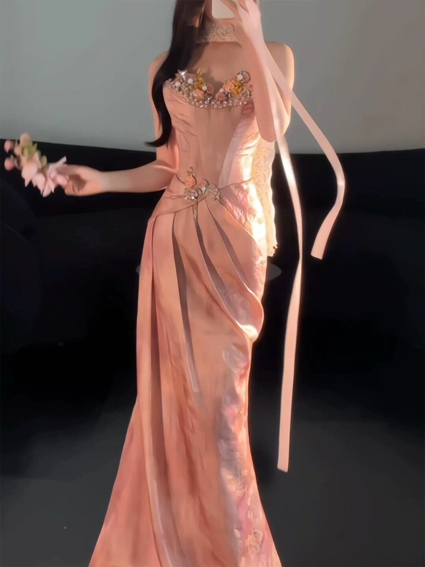 Beautiful Women's Mermaid Sweetheart Pink Satin Maxi Dress Date Night Evening Outfit Semi Formal Prom Dresses RB5218