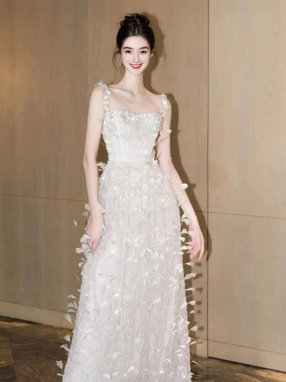 Glitter Women's A Line Square Neck Silver Sequin Maxi Dress Date Night Evening Outfit Semi Formal Prom Dresses RB5229