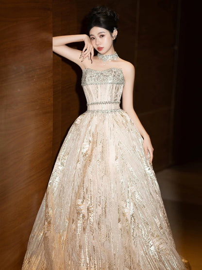 Glittery Prom Dress Ball Gown Strapless Gold Sequin With Beading Floor Length Quinceanera Dresses Party Formal Outfits RB5230
