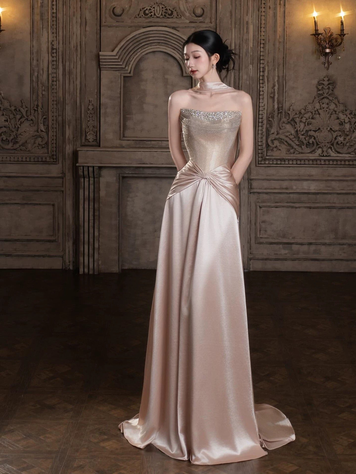 Modest Mermaid Strapless With Beading Pink Long Prom Evening Dresses Inspo Party Outfits RB5234