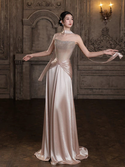 Modest Mermaid Strapless With Beading Pink Long Prom Evening Dresses Inspo Party Outfits RB5234