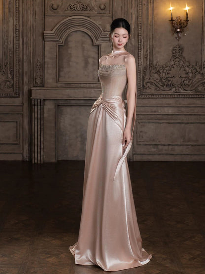 Modest Mermaid Strapless With Beading Pink Long Prom Evening Dresses Inspo Party Outfits RB5234