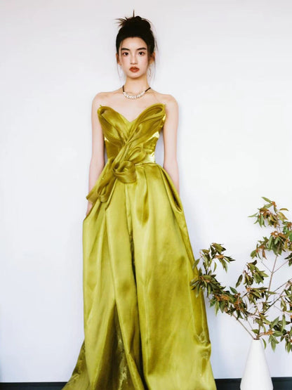 Modest A line Sweetheart Olive Green Organza With Slit Long Prom Evening Dresses Inspo Party Outfits RB5235