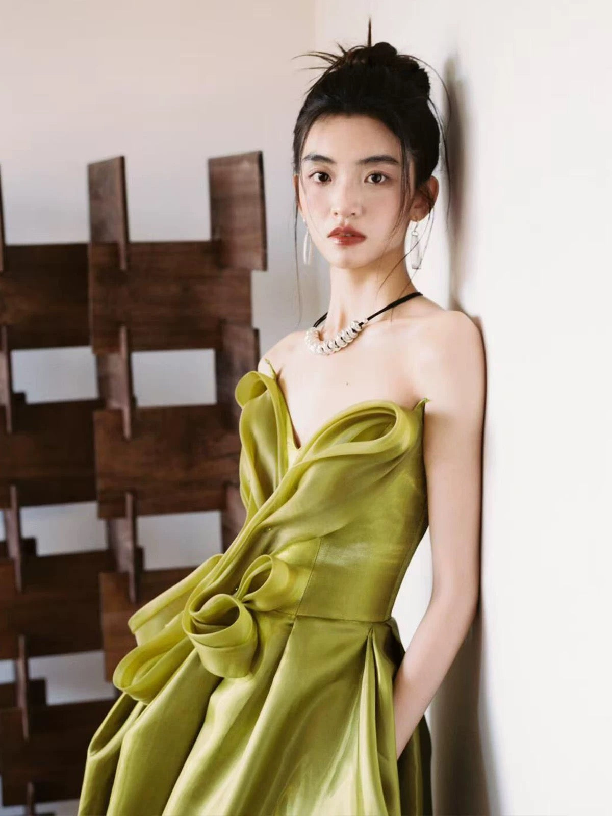 Modest A line Sweetheart Olive Green Organza With Slit Long Prom Evening Dresses Inspo Party Outfits RB5235