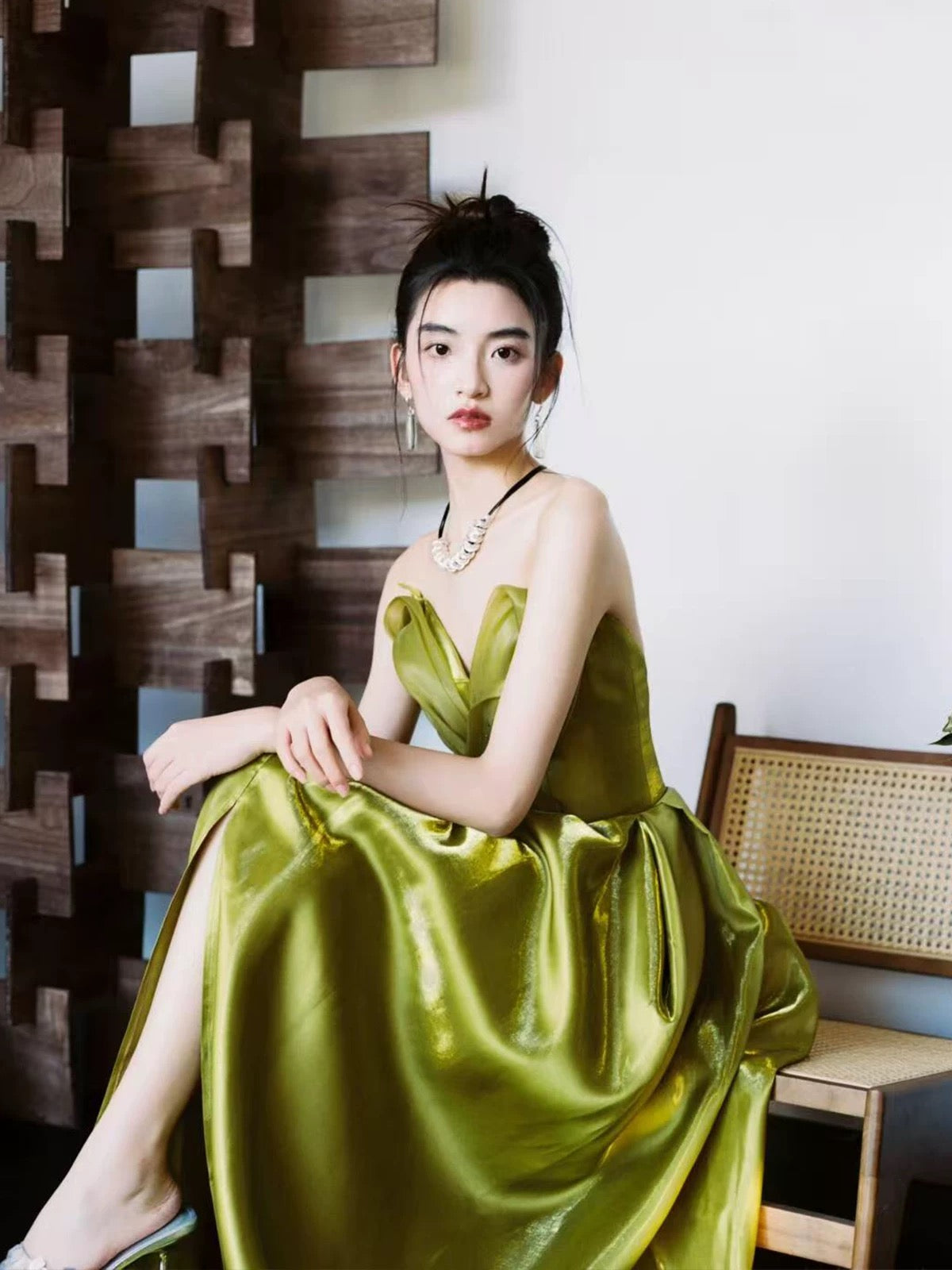 Modest A line Sweetheart Olive Green Organza With Slit Long Prom Evening Dresses Inspo Party Outfits RB5235