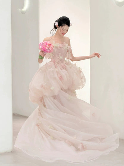 Glittery Prom Dress Ball Gown Strapless Tulle Pink With Flowers Floor Length Quinceanera Dresses Party Formal Outfits RB5236