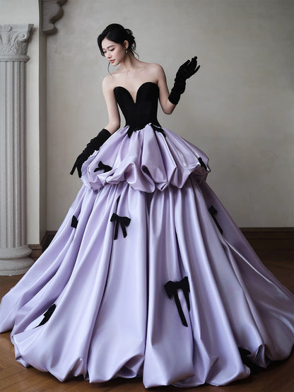 Cute Prom Dress Ball Gown Sweetheart Lilac Satin With Bow Floor Length Quinceanera Dresses Evening Formal Outfits RB5238