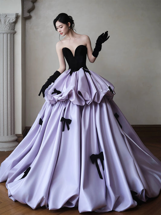 Cute Prom Dress Ball Gown Sweetheart Lilac Satin With Bow Floor Length Quinceanera Dresses Evening Formal Outfits RB5238